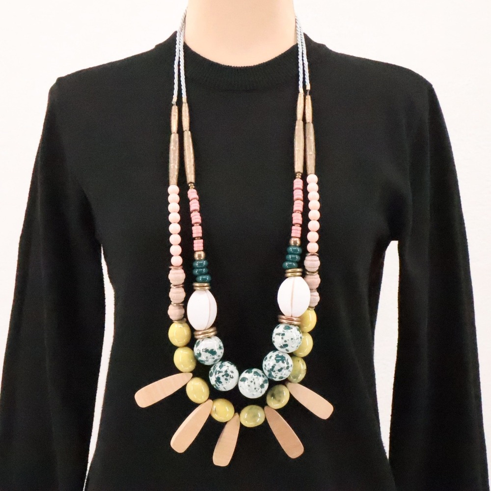 Boho Chunky Beaded Necklace Maximalist Artsy Wood Ceramic Beads Hammered Brass
